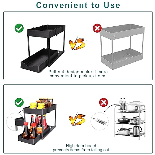 MEAFBIRD 2 Pack Under Sink Organizer, 2 Tier Bathroom Cabinet Organizer with Sliding Basket, Multi-Purpose Under Sink Organizers and Storage for Bathroom Kitchen (Black 2 Pack) - Image 4