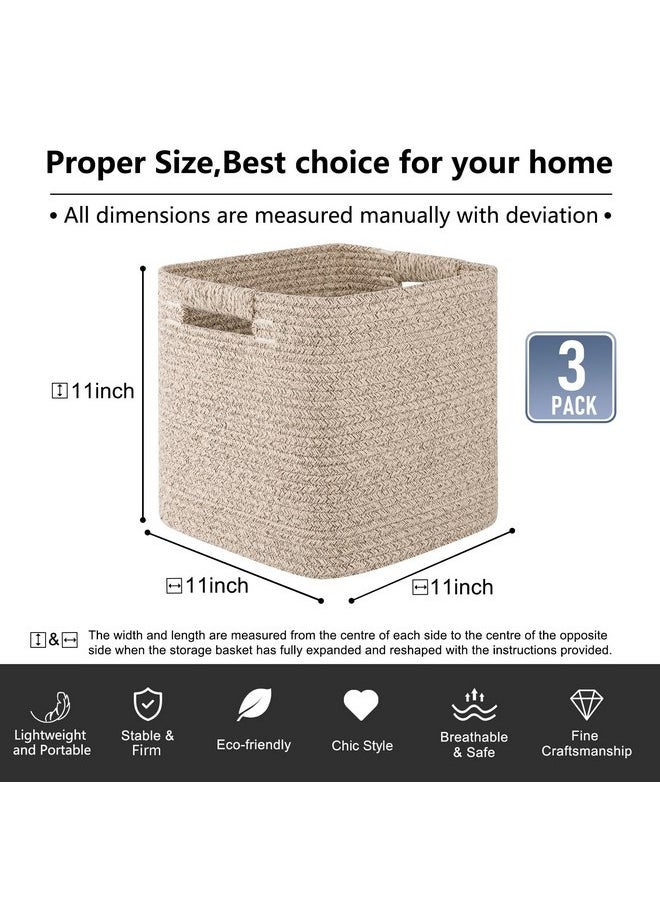 OIAHOMY - OIAHOMY Storage Cubes 11 Inch Storage Bins-3-Pack, Cotton Rope Woven Baskets for Organizing, Square Storage Baskets for Shelves Organizer, Classroom, Kids Toy Bins, Closet, Baby Nursery-Brown - Image 1