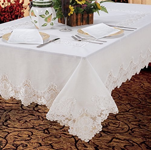 Violet Linen Imperial Embroidered Vintage Lace Design 70" X 105" Oblong/Rectangle Tablecloth in White - Image 3