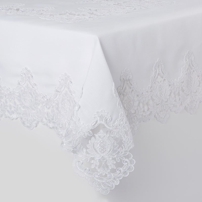 Violet Linen Imperial Embroidered Vintage Lace Design 70" X 105" Oblong/Rectangle Tablecloth in White - Image 2