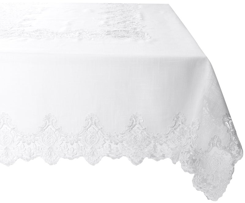 Violet Linen Imperial Embroidered Vintage Lace Design 70" X 105" Oblong/Rectangle Tablecloth in White - Image 1