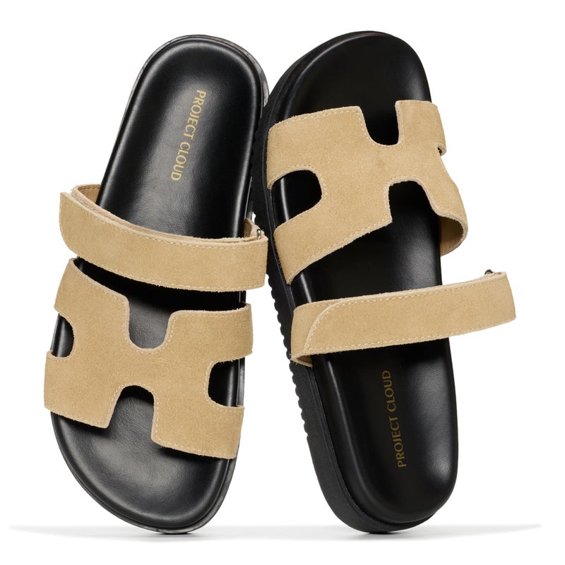 Project Cloud 100% Genuine Leather Sandals for Women Footwear - Stylish Womens Sandals with Plush & Soft Insole - Non-Slip and Water-Resistant Beach Sandals Slides for Women (Mayvy, BEIGLINLEA,5.5M)