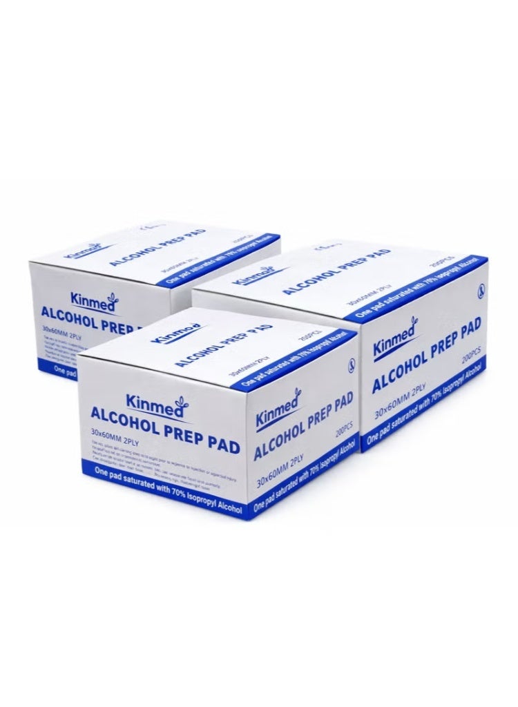 3 packs of 200 pieces of medical alcohol swabs, 30*60mm, two layers, individually wrapped, saturated with 70% isopropyl alcohol. Used before injections, for disinfecting superficial wounds and for first aid.
