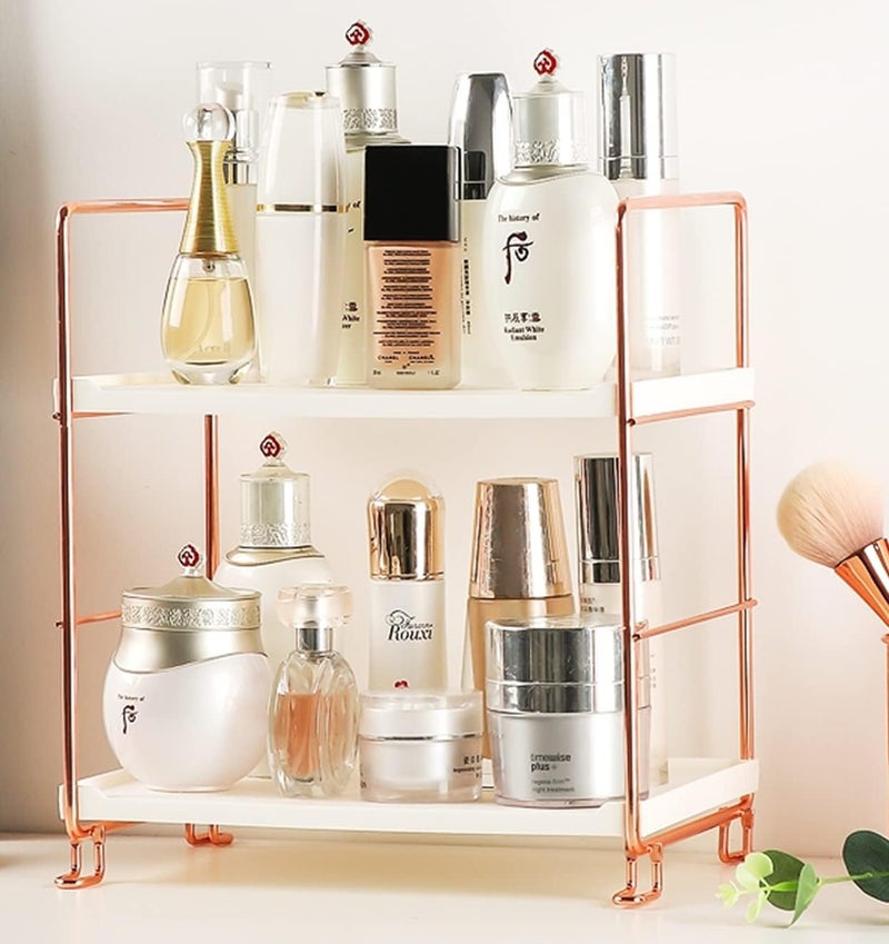 Kiwilon Iron 2 Tier Counter Top Organizer I Bathroom Organizer Stand I Desk Organizer I Multi-Purpose Storage Racks For Kitchen Organizer I Aesthatic Standing Shelf Perfume Organizer (Rose Gold) - Image 1