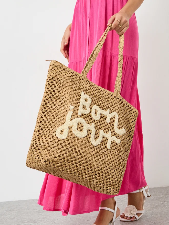 Styli Styli Khaki Woven Beach Tote Bag with Bonjour Embroidery