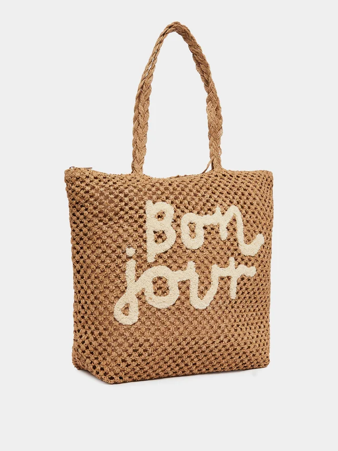 Styli Styli Khaki Woven Beach Tote Bag with Bonjour Embroidery