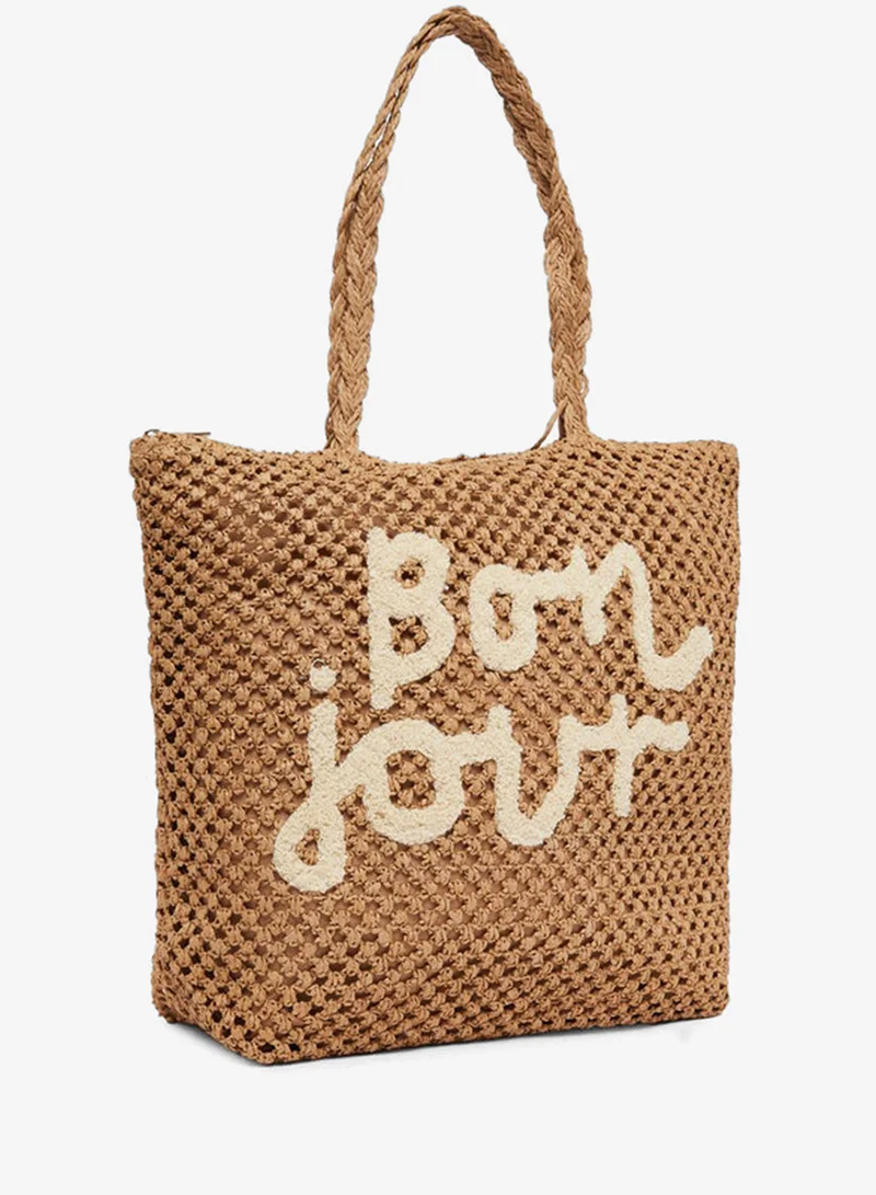 Styli Styli Khaki Woven Beach Tote Bag with Bonjour Embroidery