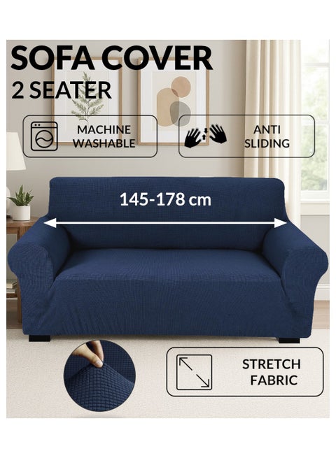 غطاء أريكة عالي التمدد بمقعدين، غطاء أريكة من القماش الناعم المصقول، تغطية كاملة رائعة لحماية الأثاث، غطاء منزلق بمقعدين يناسب الأريكة القياسية والأريكة القابلة للاستلقاء مقاس 145-178 سم أزرق داكن