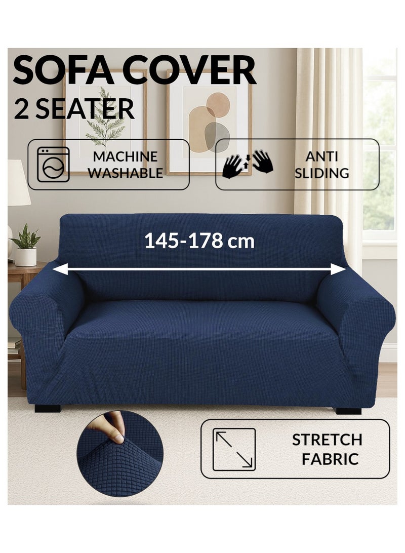 Fabienne High Stretch 2-Seater Sofa Cover Soft Brushed Fabric Couch Cover Exquisitely Full Coverage Furniture Protector Slipcover Two Seater Fits on Standard and Recliner Sofa 145-178cm Size Navy  - Image 1