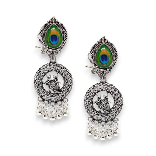Elleva Oxidised Peacock Jhumka Earrings for Women | Small Radha Krishna Earring for Girls Silver Traditional Fashion Jewellery Earrings Studs for Gift (Pack of 1) - Image 1