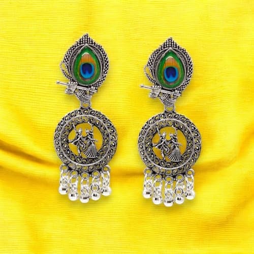 Elleva Oxidised Peacock Jhumka Earrings for Women | Small Radha Krishna Earring for Girls Silver Traditional Fashion Jewellery Earrings Studs for Gift (Pack of 1) - Image 3