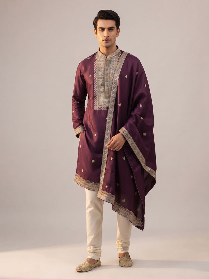 VINY Plum 3-Piece Embroidered Kurta Churidar Set with Stole – Men's Indian Ethnic Wear - Image 1