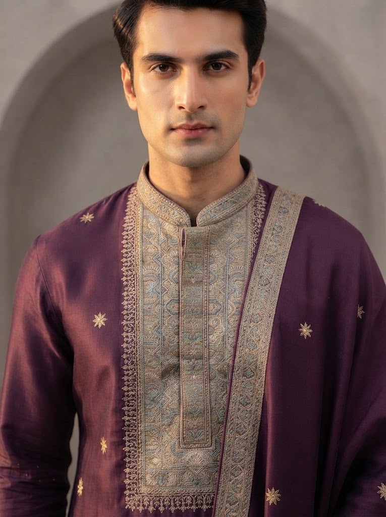 VINY Plum 3-Piece Embroidered Kurta Churidar Set with Stole – Men's Indian Ethnic Wear - Image 2