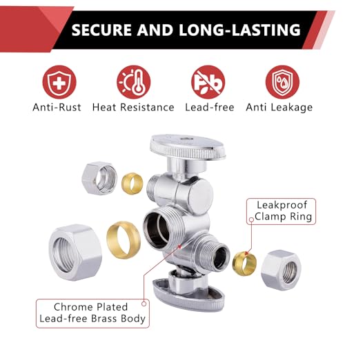 EFIELD (Pack of 2) EFIELD 1/4-Turn Dual Compression Outlet Angle Stop Valve with 2 Shut Off Valve/Handles, 1/2" NOM (5/8" OD) x (3/8 inch x 1/4 inch) Chrome For Faucet Toilet Valve,(VALVE138) - Image 5