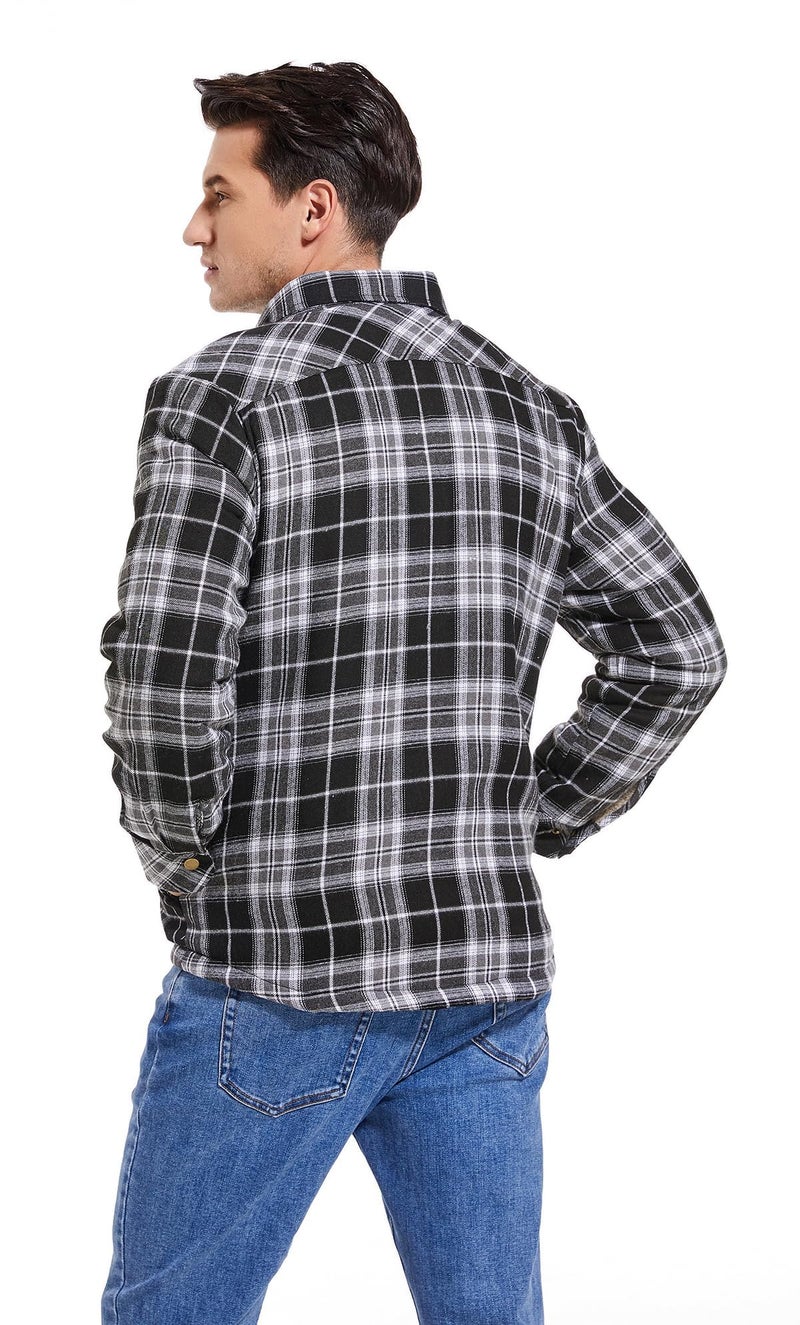 Puwasa Men's Sherpa Lined Cotton Flannel Shirt Jacket Plaid Button Up Jacket Coat for Men with Pocket Black X-Large - Image 5