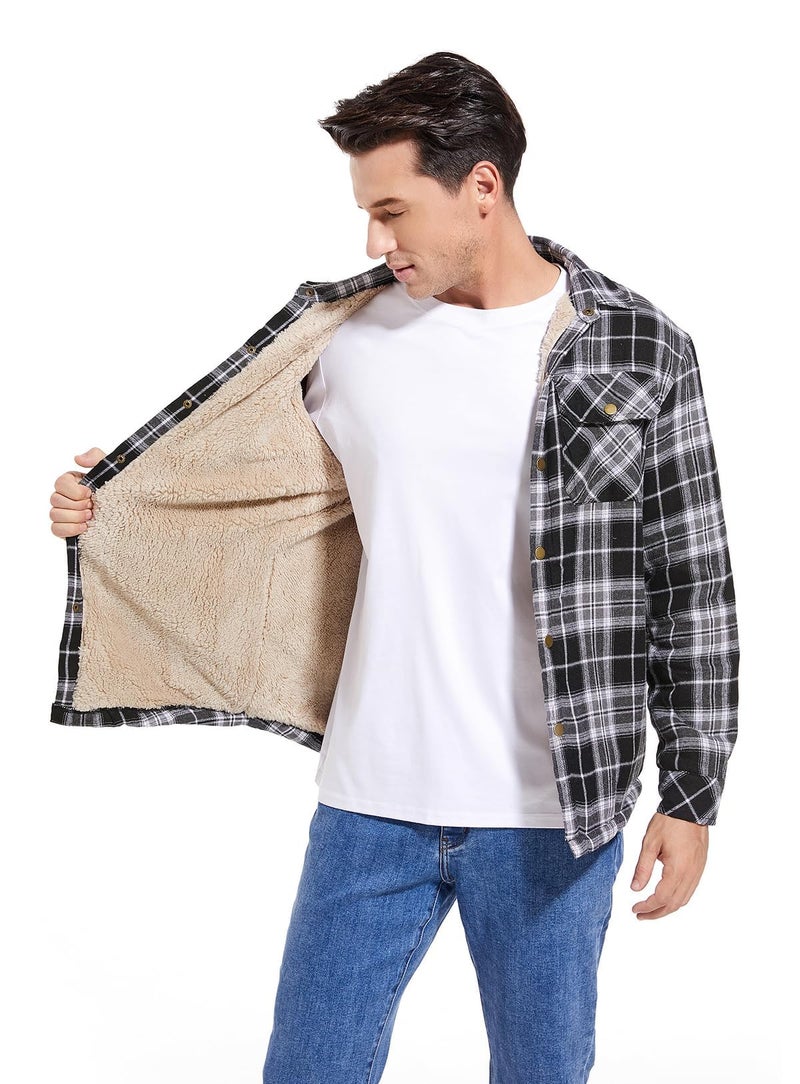 Puwasa Men's Sherpa Lined Cotton Flannel Shirt Jacket Plaid Button Up Jacket Coat for Men with Pocket Black X-Large - Image 2