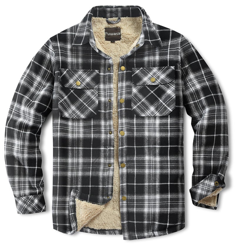 Puwasa Men's Sherpa Lined Cotton Flannel Shirt Jacket Plaid Button Up Jacket Coat for Men with Pocket Black X-Large - Image 1
