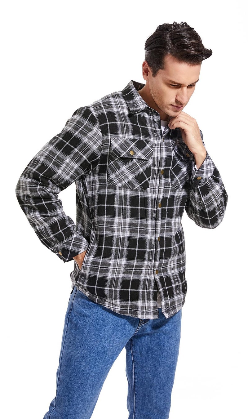 Puwasa Men's Sherpa Lined Cotton Flannel Shirt Jacket Plaid Button Up Jacket Coat for Men with Pocket Black X-Large - Image 3