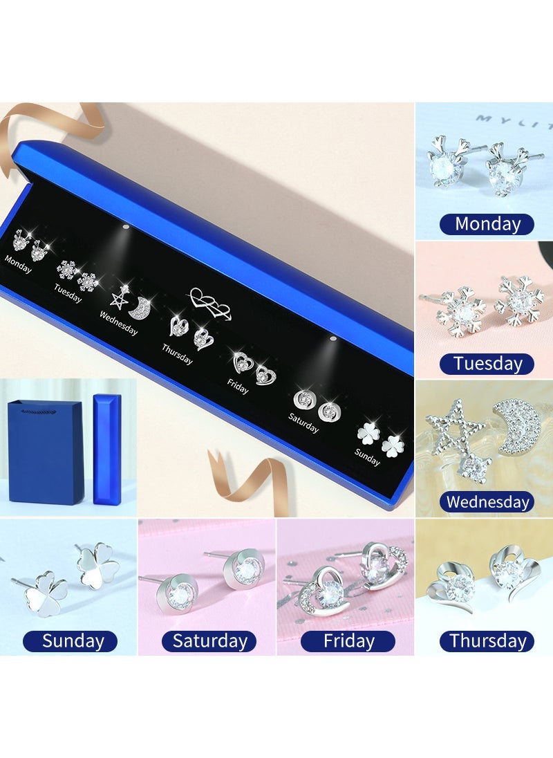 S925 Silver Weekly Earrings Gift Set Valentines Day Gift for Girlfriend and Wife Practical Special Meaningful Birthday 925 silver earring set + open box bright gift box 