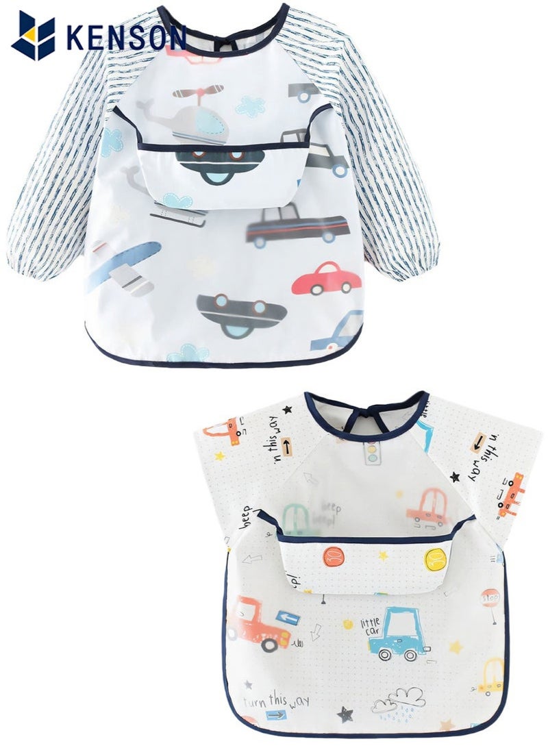 KENSON 2-Pack Baby Bibs with Pocket, Safety Material, Waterproof Sleeved Bibs for Eating Feeding, Toddler Baby Girls Boys Smock Bibs - Image 1