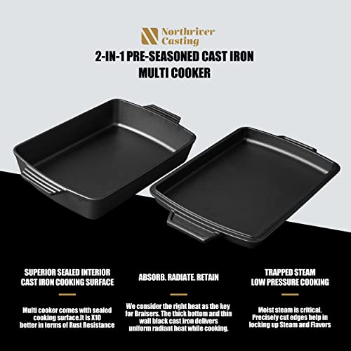 Northriver Casting 2-In-1 Pre Seasoned Cast Iron Dutch Oven With Skillet Lid,Casserole Dish,Rectangular Baking Pan,Griddle Pot Set, 6QT, 9"x13" - Image 3