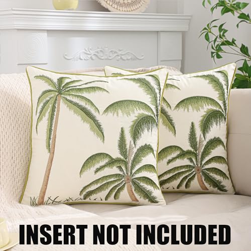 Tosleo Embroidered Throw Pillow Covers 18x18 Pack of 2 OceanThemed Green Tropical Palm Tree Pillow Covers Beach Decorative Cushions Cases Farmhouse Boho Square Pillowcases for Spring Summer - Image 3