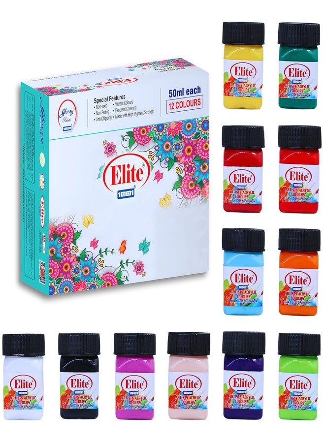 1001 Elite Artists Acrylic Colors Set | 12 Shades X 50ml Each | MultiSurface | Art Craft & Paint Work | Multicolours - Image 1