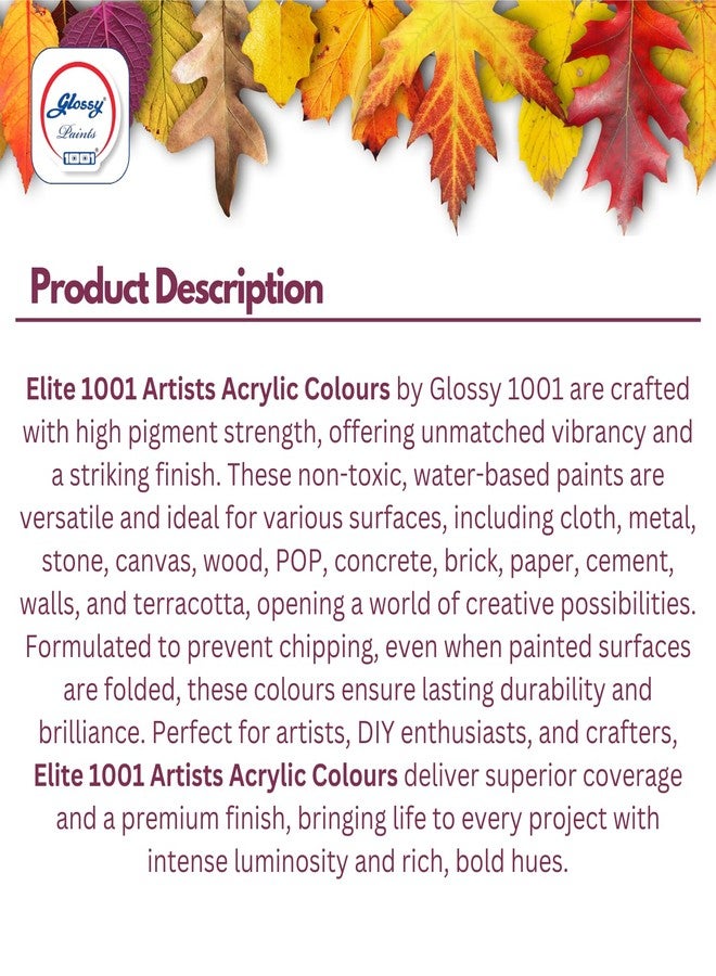 1001 Elite Artists Acrylic Colors Set | 12 Shades X 50ml Each | MultiSurface | Art Craft & Paint Work | Multicolours - Image 2