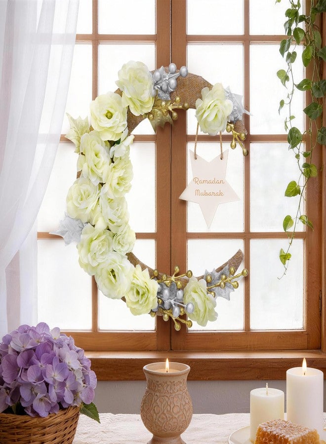 Eforcase Ramadan Decorations Wreaths for Front Door, Wood Moon Star Artificial Flower Wreaths Ramadan Eid Decorations for Home Floral Hanging Garland for Wall Window Eid Mubarak Kareem Decor Wedding - Image 5
