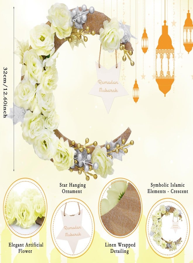 Eforcase Ramadan Decorations Wreaths for Front Door, Wood Moon Star Artificial Flower Wreaths Ramadan Eid Decorations for Home Floral Hanging Garland for Wall Window Eid Mubarak Kareem Decor Wedding - Image 4