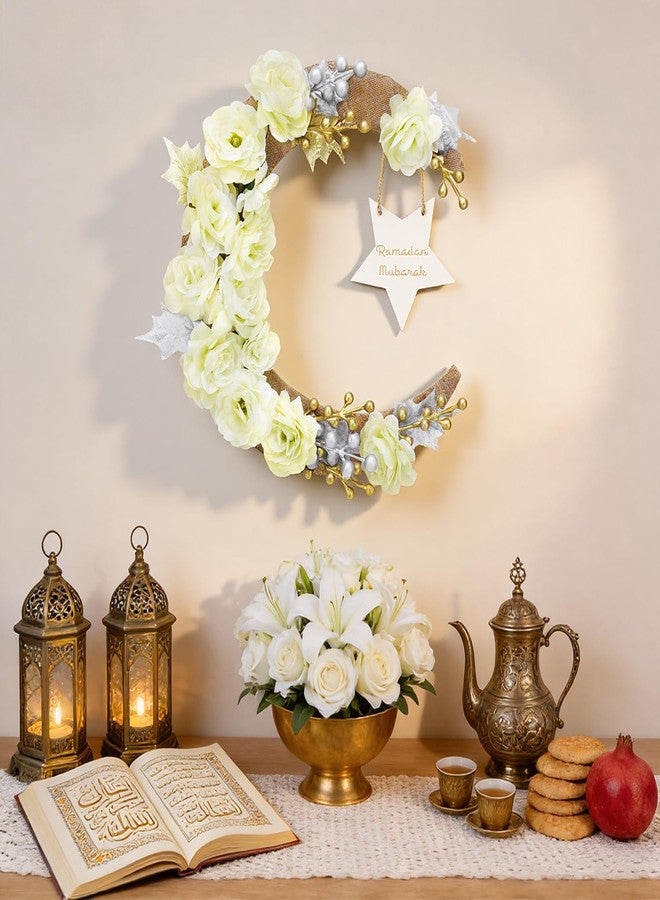 Eforcase Ramadan Decorations Wreaths for Front Door, Wood Moon Star Artificial Flower Wreaths Ramadan Eid Decorations for Home Floral Hanging Garland for Wall Window Eid Mubarak Kareem Decor Wedding - Image 1