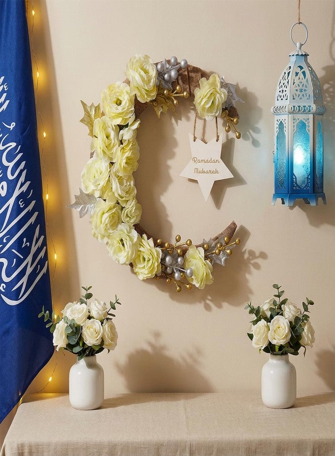 Eforcase Ramadan Decorations Wreaths for Front Door, Wood Moon Star Artificial Flower Wreaths Ramadan Eid Decorations for Home Floral Hanging Garland for Wall Window Eid Mubarak Kareem Decor Wedding - Image 2