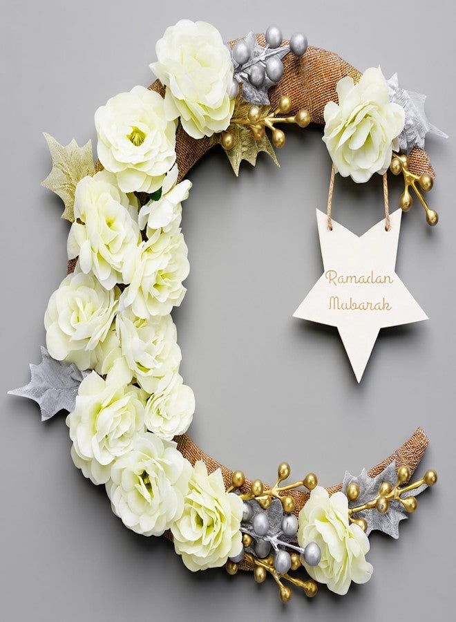Eforcase Ramadan Decorations Wreaths for Front Door, Wood Moon Star Artificial Flower Wreaths Ramadan Eid Decorations for Home Floral Hanging Garland for Wall Window Eid Mubarak Kareem Decor Wedding - Image 3