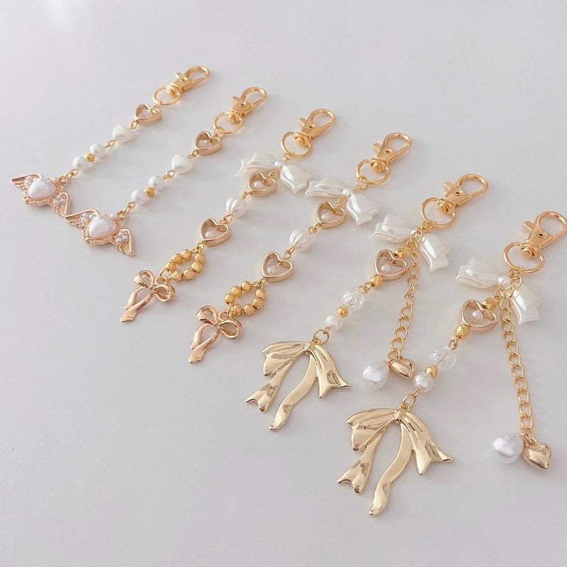 Agromusk Gold Bow Keychain Bag Charms for Women Angel Wings Heart Pearl Beaded Purse Charms Coquette Aesthetic Key Chain Jewelry Elegant Decor Accessories Pendant - Image 4