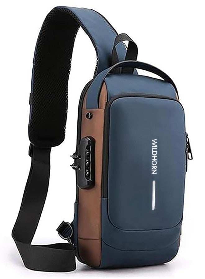 WildHorn AeroShield Waterproof Anti-Theft Sling Bag for Men & Women | Crossbody Chest Shoulder Bag with USB Charging Port | Lightweight, Travel & Daily Use | Adjustable Strap (GOLDEN BLUE) - Image 1