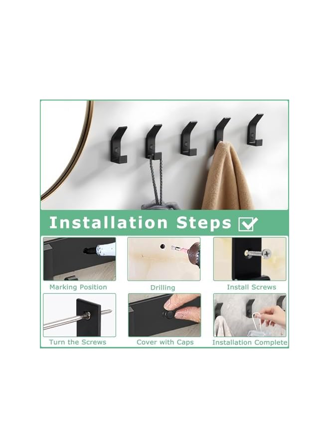 promass 5 Pack Coat Hooks for Hanging, Heavy Duty Hat and Coat Hanger with Fixing Screws, Dual Wall-Mounted Hooks for Clothes, Robes, Towels, Ideal for Door, Bathroom, Bedroom (Black) - Image 2
