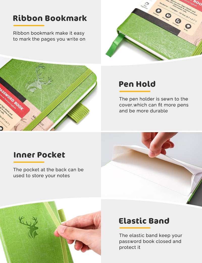 molekaus Password Book with Alphabetical Tabs Small Password Keeper with Extra Password Space to Change Password. Password Notebook for Home or Office for Internet Log In, 6.1 * 3.7in Green - Image 3