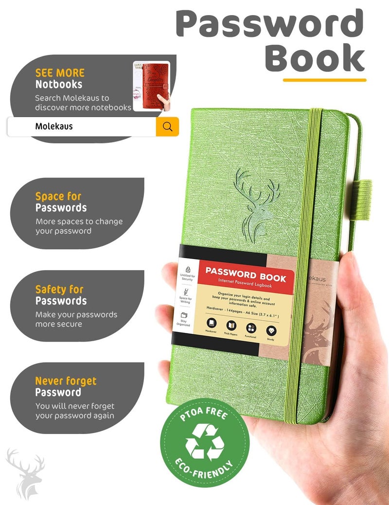 molekaus Password Book with Alphabetical Tabs Small Password Keeper with Extra Password Space to Change Password. Password Notebook for Home or Office for Internet Log In, 6.1 * 3.7in Green - Image 2