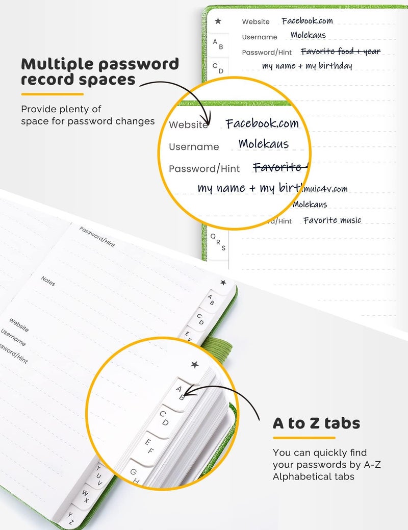 molekaus Password Book with Alphabetical Tabs Small Password Keeper with Extra Password Space to Change Password. Password Notebook for Home or Office for Internet Log In, 6.1 * 3.7in Green - Image 5
