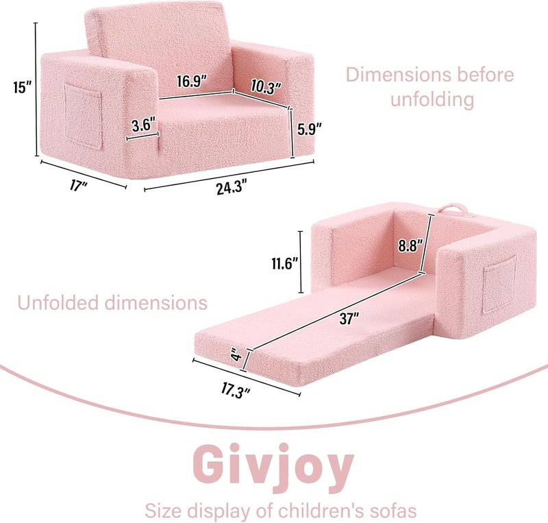 Givjoy أريكة أطفال حديثة باللون الوردي، كرسي استرخاء قابل للتحويل 2 في 1 للأطفال، للقراءة واللعب والاسترخاء، للأعمار من 18 شهرًا فما فوق - Image 3