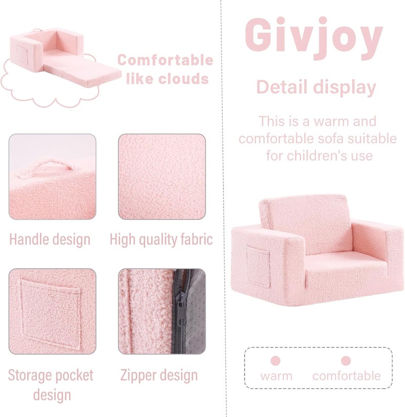 Givjoy أريكة أطفال حديثة باللون الوردي، كرسي استرخاء قابل للتحويل 2 في 1 للأطفال، للقراءة واللعب والاسترخاء، للأعمار من 18 شهرًا فما فوق - Image 4