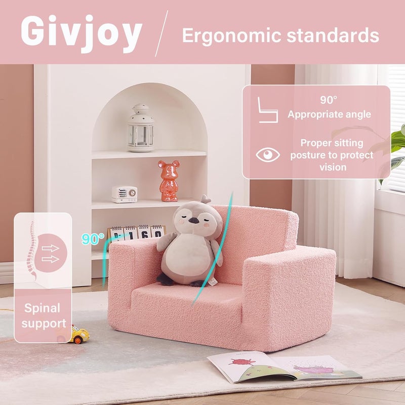 Givjoy أريكة أطفال حديثة باللون الوردي، كرسي استرخاء قابل للتحويل 2 في 1 للأطفال، للقراءة واللعب والاسترخاء، للأعمار من 18 شهرًا فما فوق - Image 5
