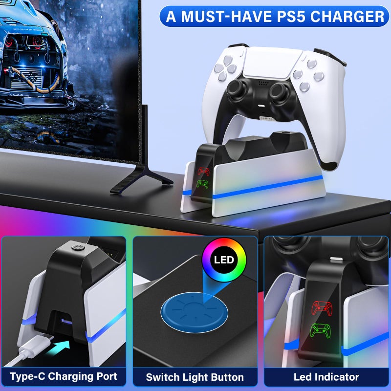 RJAD PS5-Controller-Charger-Station - Charging Station for PlayStation 5 Dualsense/Edge Controller with 9 Color Led Light, Fast Charging Dock & Holder Charger Stand for PS5/Slim/Pro Remote Accessories - Image 5