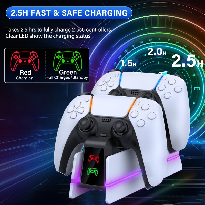 RJAD PS5-Controller-Charger-Station - Charging Station for PlayStation 5 Dualsense/Edge Controller with 9 Color Led Light, Fast Charging Dock & Holder Charger Stand for PS5/Slim/Pro Remote Accessories - Image 2