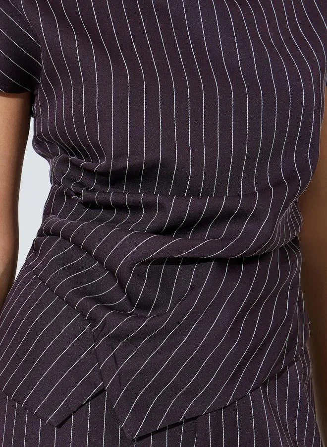 Styli  Brown Pinstripe Asymmetric Hem Top for Women | Best Price UAE