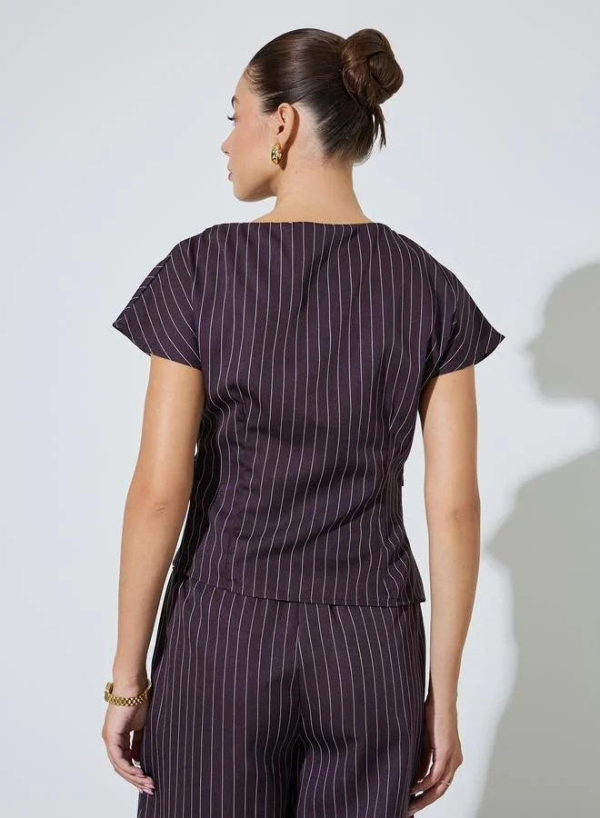 Styli  Brown Pinstripe Asymmetric Hem Top for Women | Best Price UAE