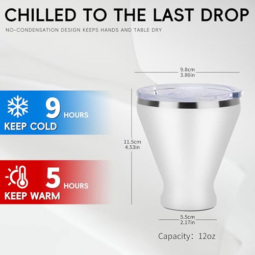 SuperCook Stainless Steel Martini Glass with Lid Double Wall Vacuum Insulated Stemless Cocktail Glasses Stay Icy Cold Wine Tumbler with Straw Set of 4 12 Oz White - Image 3