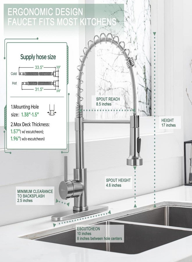 WEWE Kitchen Faucets, Brushed Nickel Kitchen Faucet with Pull Down Sprayer, Industrial Spring Single Handle Stainless Steel Kitchen Sink Faucet with Deck Plate, 1 Hole or 3 Hole for Laundry Rv - Image 2