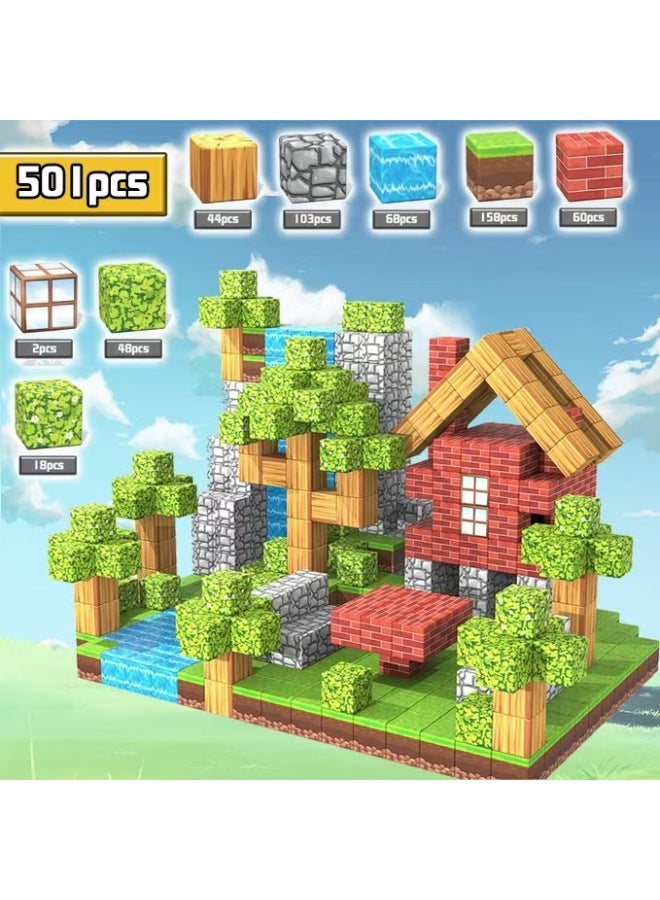Loquat My Magnetic Square Magnet Stone 2.5CM Building Blocks World Children's Educational Assembled Toy Boy Gift-Color:2.5cm Super Prime Forest 【501pcs】 Free 10 Dolls - Image 1