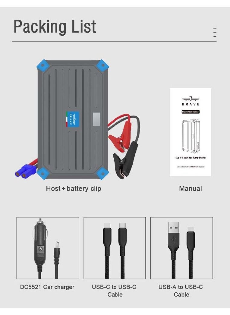 Brave - Portable Super Capacitor Jump Starter 12V for 6.0L Gas & 4.0L Diesel Engines, High Capacity, Fast Charging, Self-Charging in 3 Mins, Eco-Friendly Car Battery Booster, Ultra Fast Jump Starter, LED Digital Display, Extreme Temp Tolerance (-40℃ to 70℃), 10-Year Life Cycle, Includes Carrying Case - Image 1